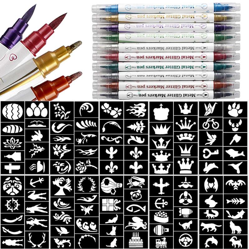 Temporary Tattoo Pen Set, 20pcs set Colorful Tattoo Pen & Unique Design Tattoo Template, Painless Body Art Tool Set for Women & Men, Christmas Gift