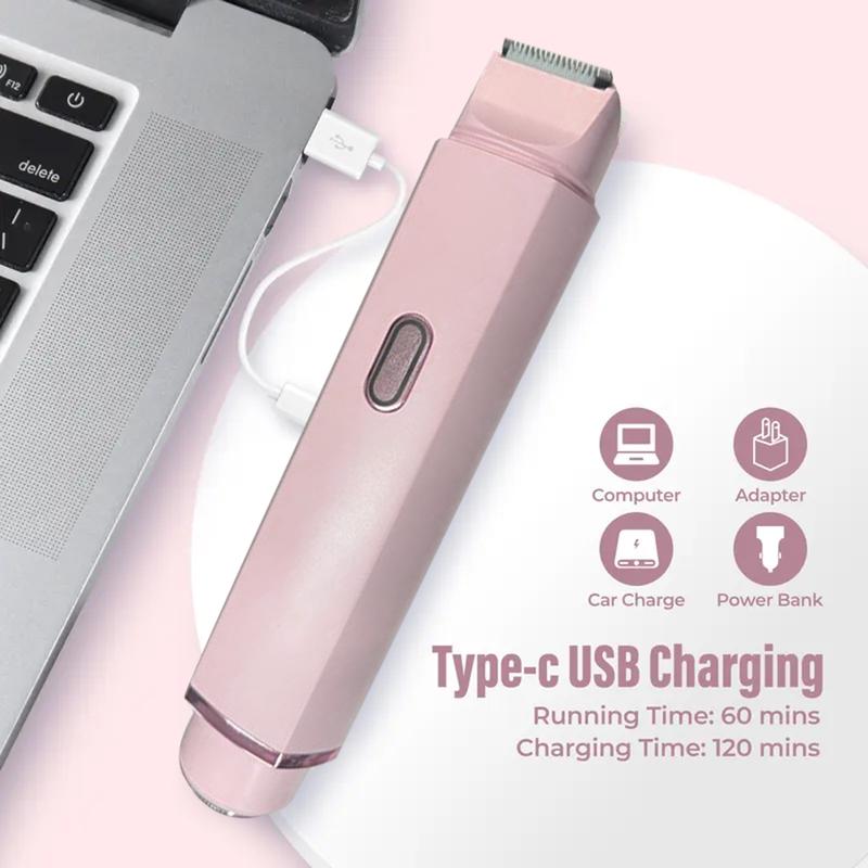 Bikini Trimmer for Women, USB Rechargeable Portable Electric Shaver And Razor Rechargeable 2-in-1 Body & Facial Epilator,Dual Heads for Painless Trimming of Sensitive Pubic Hair, Face, Underarms and Legs, Christmas Gift New Year Gift