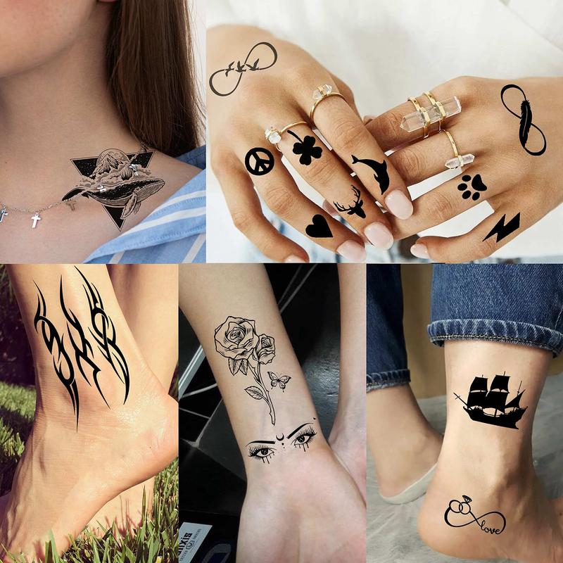 52 Sheets Creative Black Tiny Crown & Infinity Triangle Tattoos. For men and women. Realistic stars and letters.