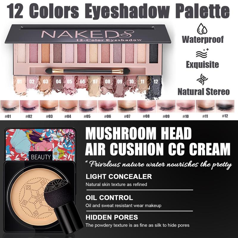 Makeup Kit, includes Naked eyeshadow, liquid foundation, CC Cream, lipstick set, mascara, makeup brush, makeup sponge, eyebrow powder, eyebrow soap, eyeliner stamp, primer, contour stick, cosmetic bag