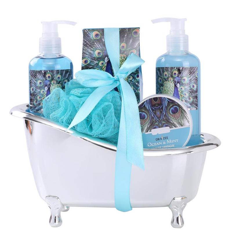 Draizee Spa Gift Basket for Women with Refreshing “Ocean Mint” Fragrance, Luxury Skin Care Set Includes 100% Natural Shower Gel, Bubble Bath, Body Lotion, Bath Salt and Much More – No.1 Best Gift for Mom, Wife, Girlfriend, Gift for Mother's Day, Christmas