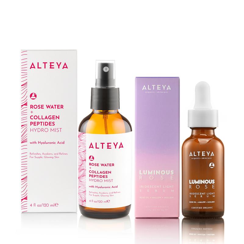 Alteya Rose Water Collagen Toner + Serum Renewal Set - Hydrating & Cleansing Facial Skincare with Hyaluronic Acid for Skin Repair