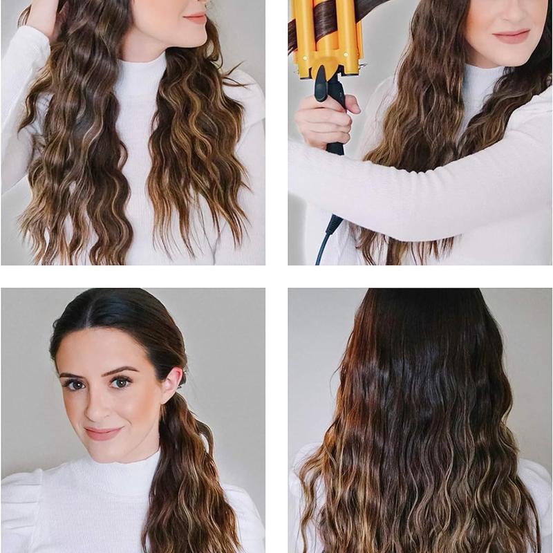 3 Barrel Hair Waver for Beachy Frizz-Free Waves w LCD Temperature Display - 1 Inch Ceramic Tourmaline Triple Barrels, Dual Voltage Crimping Tool