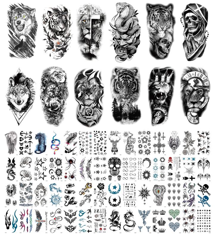 68 Sheets Waterproof Temporary Tattoo, Realistic Long Lasting Animals & Flower Designs, Wolf, Tiger, Lion,Owl, Skeleton Skull -Perfect forHalloween