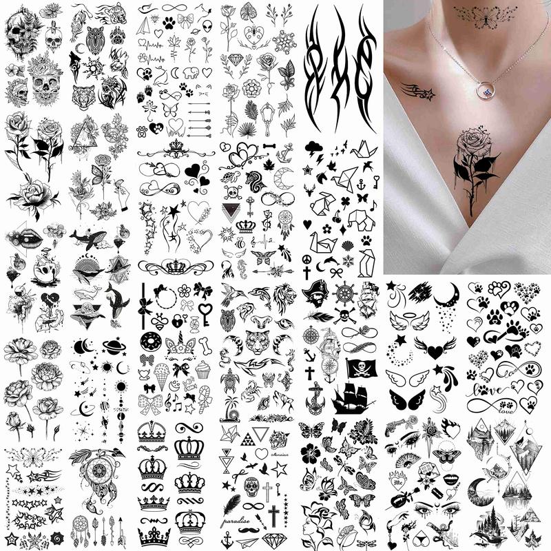 52 Sheets Creative Black Tiny Crown & Infinity Triangle Tattoos. For men and women. Realistic stars and letters.