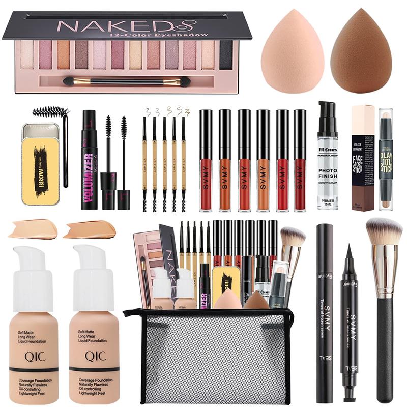 All-in-One Makeup Set for Women, Featuring 12 Eyeshadow Shades, Foundation, Lipsticks, Mascara, Brushes, Brow Pencil, Soap, Eyeliner, and Contour Stick in a Convenient Bag.