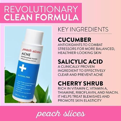 Peach Slices Acne Exfoliating Toner with 2% Salicylic Acid, AHA+BHA Exfoliation, and Calming Properties, 4 Oz - Comfort, Skin Repair