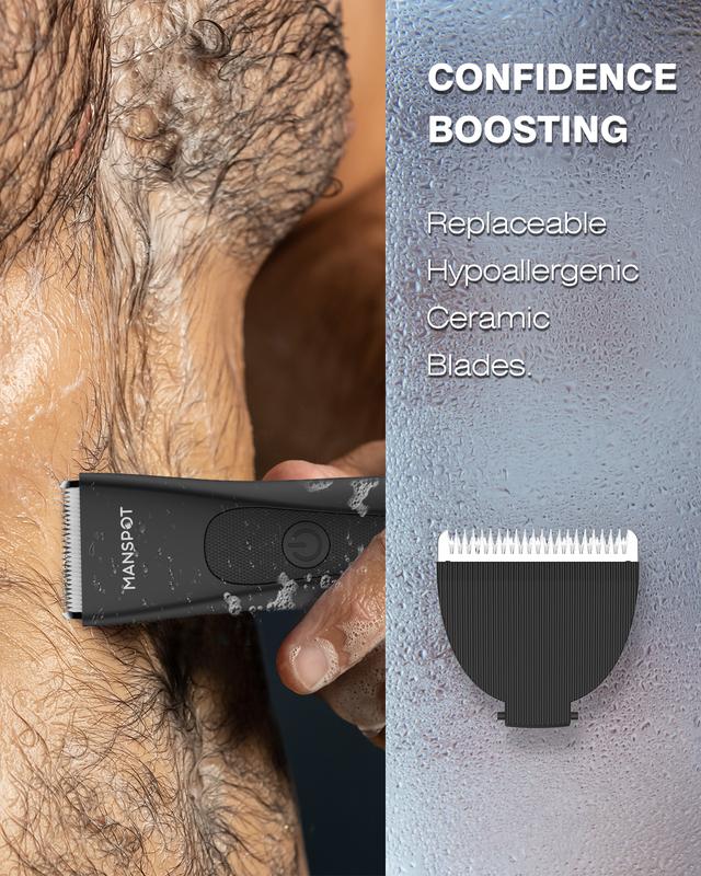 Manspot Electric Body Hair Trimmer, Body and Groin Hair Trimmer for Men, Waterproof Wet Dry Clippers, Replaceable Ceramic Trimmer Heads, Rechargeable Body Trimmer, Christmas Gift, BlackFriday