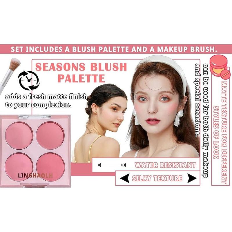 4 Colors Blush Palette for Cheeks,Face  Contour Blush  Palette,Buildable Shimmer Facial Cheek Blusher Shades,Blendable Cosmetic  Blush with Blush Brush 01
