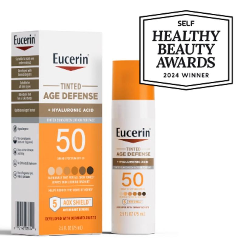 Eucerin Sun Tinted Age Defense SPF 50 Face Sunscreen Lotion, Hypoallergenic, Fragrance Free Tinted Sunscreen SPF 50 with Hyaluronic Acid, 2.5 Fl Oz Bottle No brand