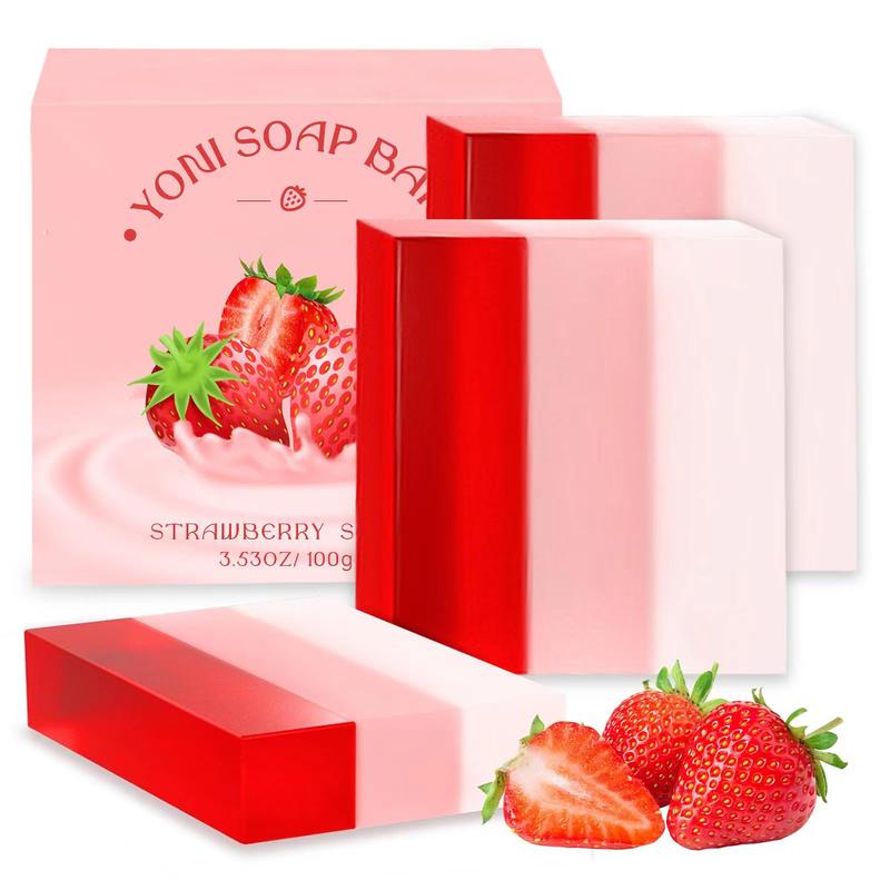 3 PCS Yoni Soap Bar, Organic Yoni Bar Soap Yoni Wash Feminine Wash for Women Ph Balance, Natural Deodorant V Body Bath Soap Body Wash Strawberry Handmade feminine soap