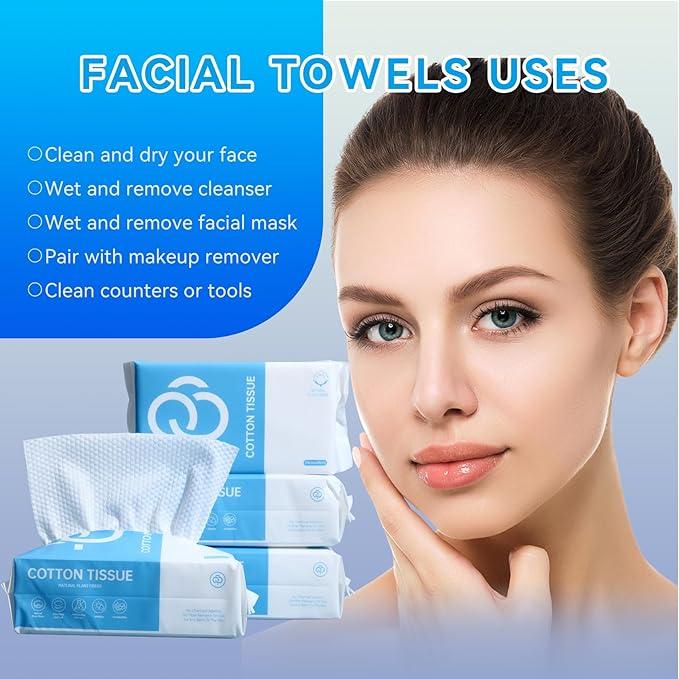 Cotton Disposable Face Towels (60 Count) – Gentle Face Wipes for Sensitive Skin, Makeup Removal & Facial Cleansing- Ideal for Skincare