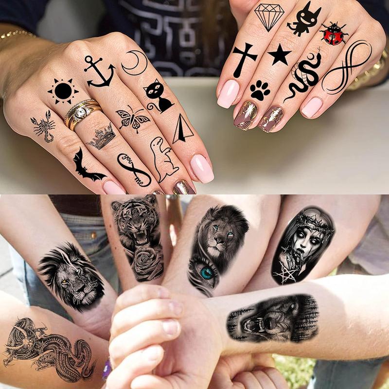 68 Sheets Large Half Arm Sleeve Temporary Tattoos For Men Women Forearm, Tribal Wolf Tiger Lion Owl  Temp    Stickers Adults, Black Realistic  Flower Rose