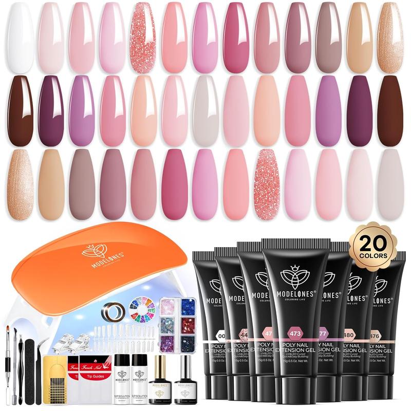 Modelones Poly Nail Extension Gel Kit 10 Colors  16 colors 20 colors with 6W Nail Lamp, Nude pink Complete Kit Poly Nail Art Accessories Tools for Beginner DIY at Home Gifts Beginner Kit birthday Gift DIY gel-x Nail Care Brush gelx