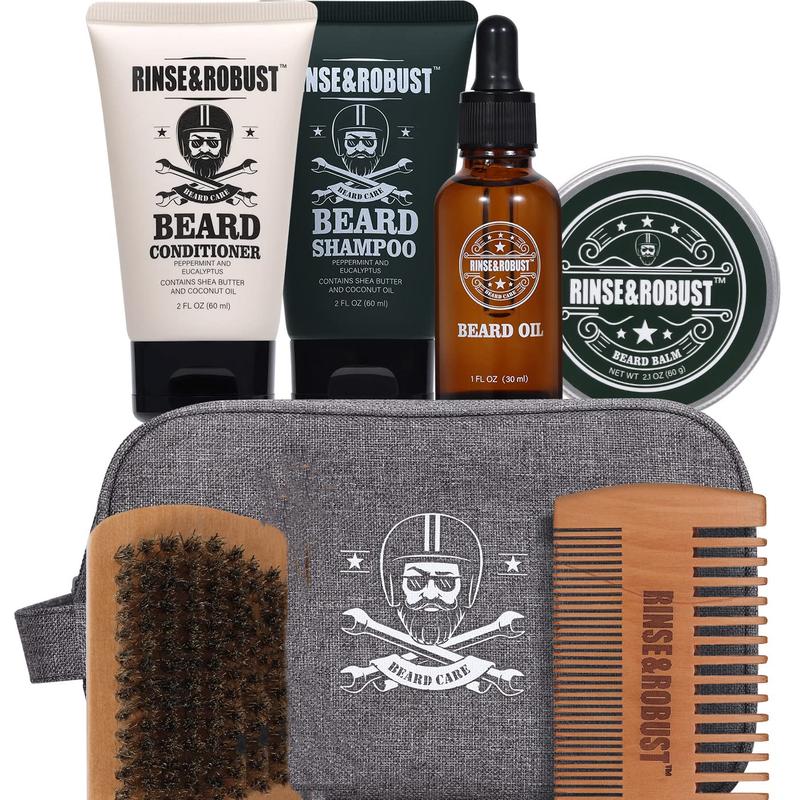 Rinse&Robust Beard Care Set Kits: Beard Shampoo, Beard Conditioner, Beard Balm, Beard Oil, Traveling Bag. Scented Hair Care Beeswax, Gift for Boyfriend, Men Gifts, Bath and Body Gift Sets, Men's Hygiene Products, Father's Day Gift for Dad