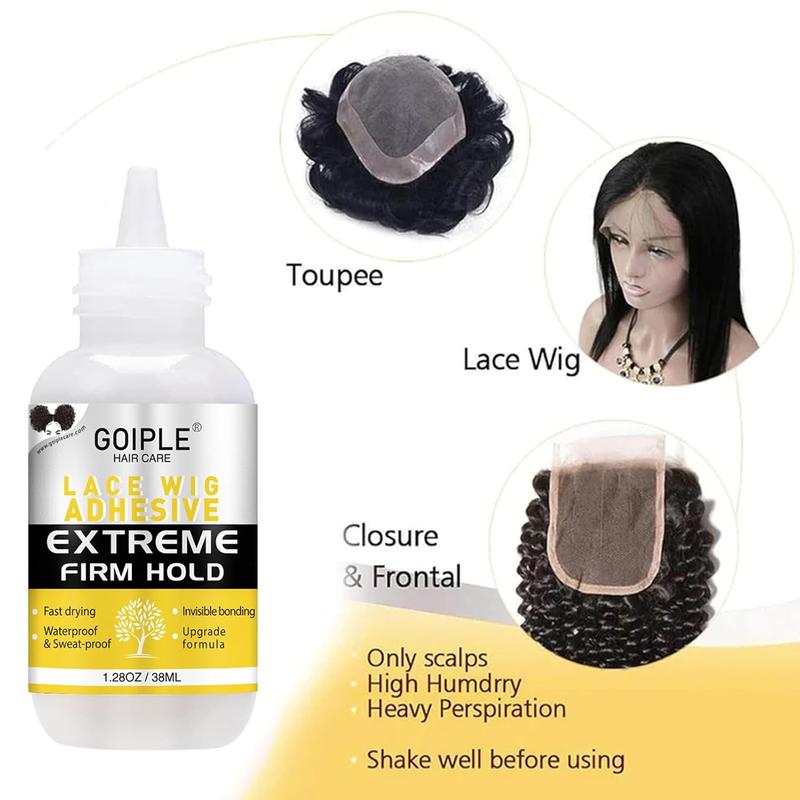 Waterproof Lace Front Wig Glue 1.28OZ with Tools, Hair Wax Stick, Wig Caps, Edge Control Wax, Elastic Band, Dual Brush, and Remover for Easy Application and Styling.