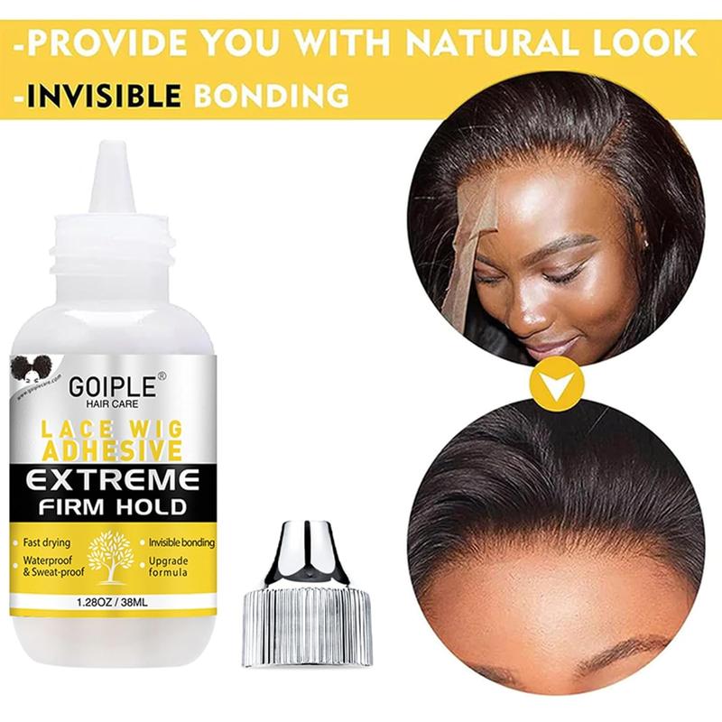 Waterproof Lace Front Wig Glue 1.28OZ with Tools, Hair Wax Stick, Wig Caps, Edge Control Wax, Elastic Band, Dual Brush, and Remover for Easy Application and Styling.