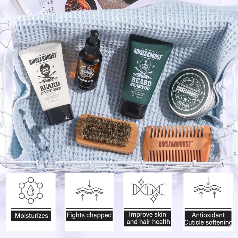 Rinse&Robust Beard Care Set Kits: Beard Shampoo, Beard Conditioner, Beard Balm, Beard Oil, Traveling Bag. Scented Hair Care Beeswax, Gift for Boyfriend, Men Gifts, Bath and Body Gift Sets, Men's Hygiene Products, Father's Day Gift for Dad