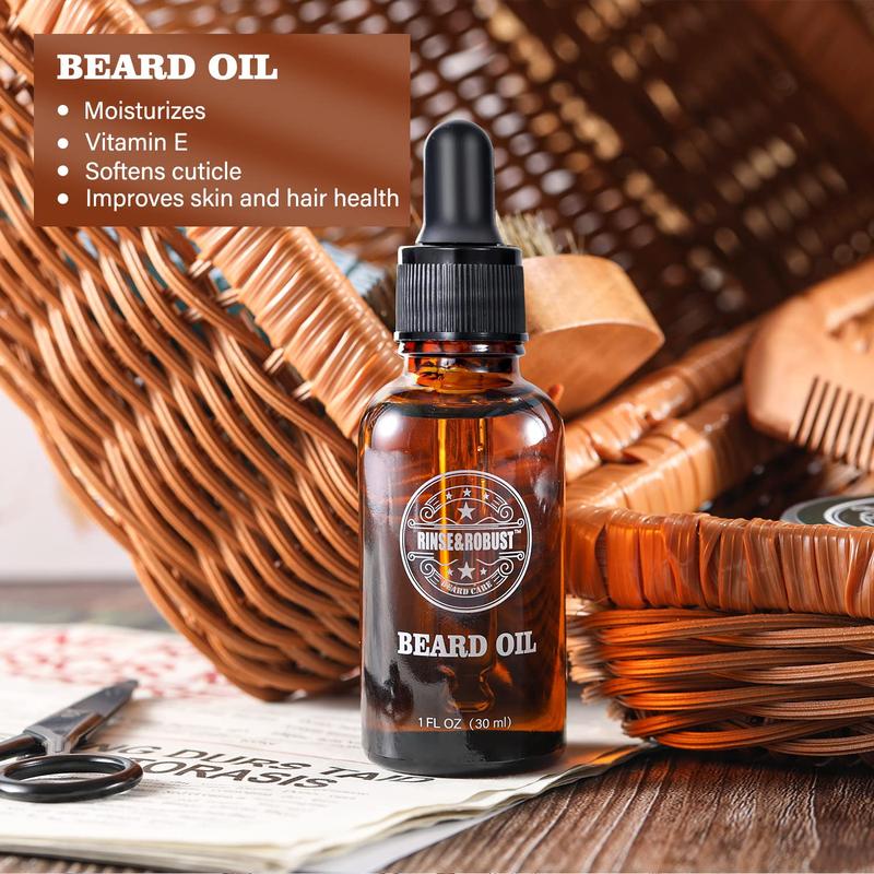 Rinse&Robust Beard Care Set Kits: Beard Shampoo, Beard Conditioner, Beard Balm, Beard Oil, Traveling Bag. Scented Hair Care Beeswax, Gift for Boyfriend, Men Gifts, Bath and Body Gift Sets, Men's Hygiene Products, Father's Day Gift for Dad