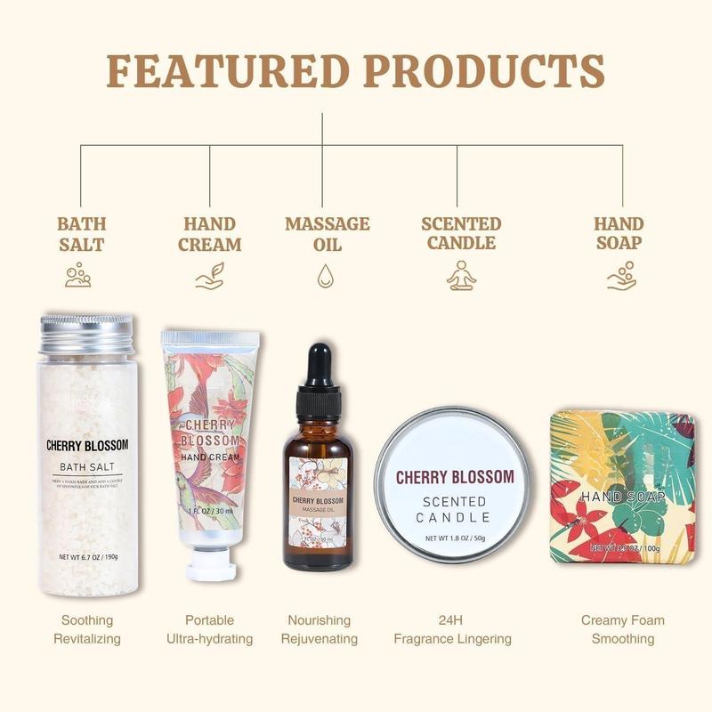 Women's Gift Set 5 Pieces Sakura Spa Set, Women's Birthday Gift with Massage Oil, Aromatherapy Candle, Bath Salt, Hand Cream, Christmas Gift