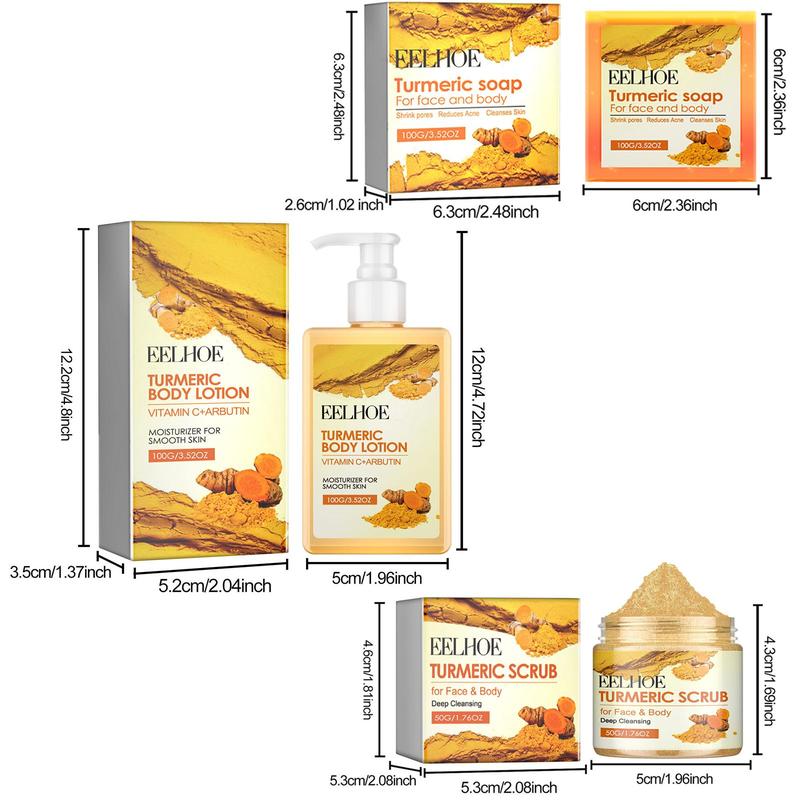 Turmeric Skin Care Set, 1 Box 3 Boxes Gentle Cleansing Soap & Exfoliating Scrub & Moisturizing Body Lotion, Skin Care Product for Women & Men Daily Use