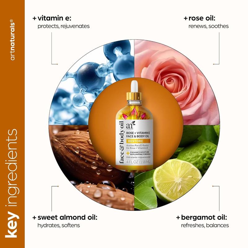 Organic Rose + Vitamin E Face Oil 4.0oz - for Body & Hair - 100% Natural, Moisturize, Rejuvenate&Enhance your skin - Anti-Aging Moisturizer Facial Oil for Fine Lines,Scars & Wrinkles Serums Skincare Comfort Skin Repair Comfort Skin Repair Hydrate Moisture