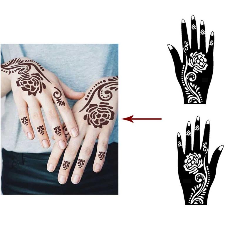 Floral Pattern Hand Shaped Temporary Tattoo Stencil (4 Pairs), Body Art Stencil for Women, Temporary Tattoo for Festival, Party, Cosplay, Daily Body Makeup, Cruel Summer, DIY Hands Tattoo Stencils